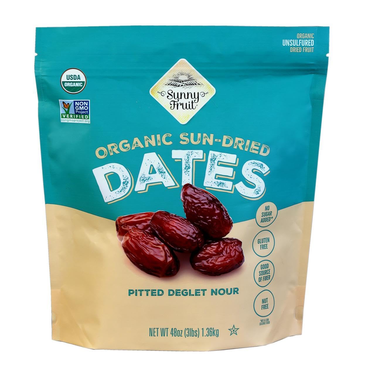 Organic Pitted Dates (Deglet Nour) - Sunny Fruit 48Oz Bulk Bag (3 Lbs) | No Added Sugars, Sulfurs Or Preservatives | Non-Gmo, Vegan, Halal & Kosher