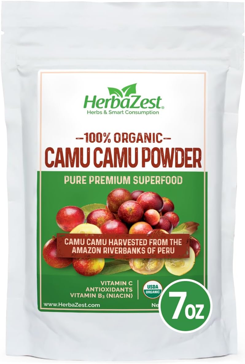 HerbaZest Camu Camu Powder (7oz) - USDA Certified Organic - Vegan, Non-GMO & Gluten Free - Nutrient Rich, Best Source of Vitamin C & Perfect for Smoothies, Juices & More