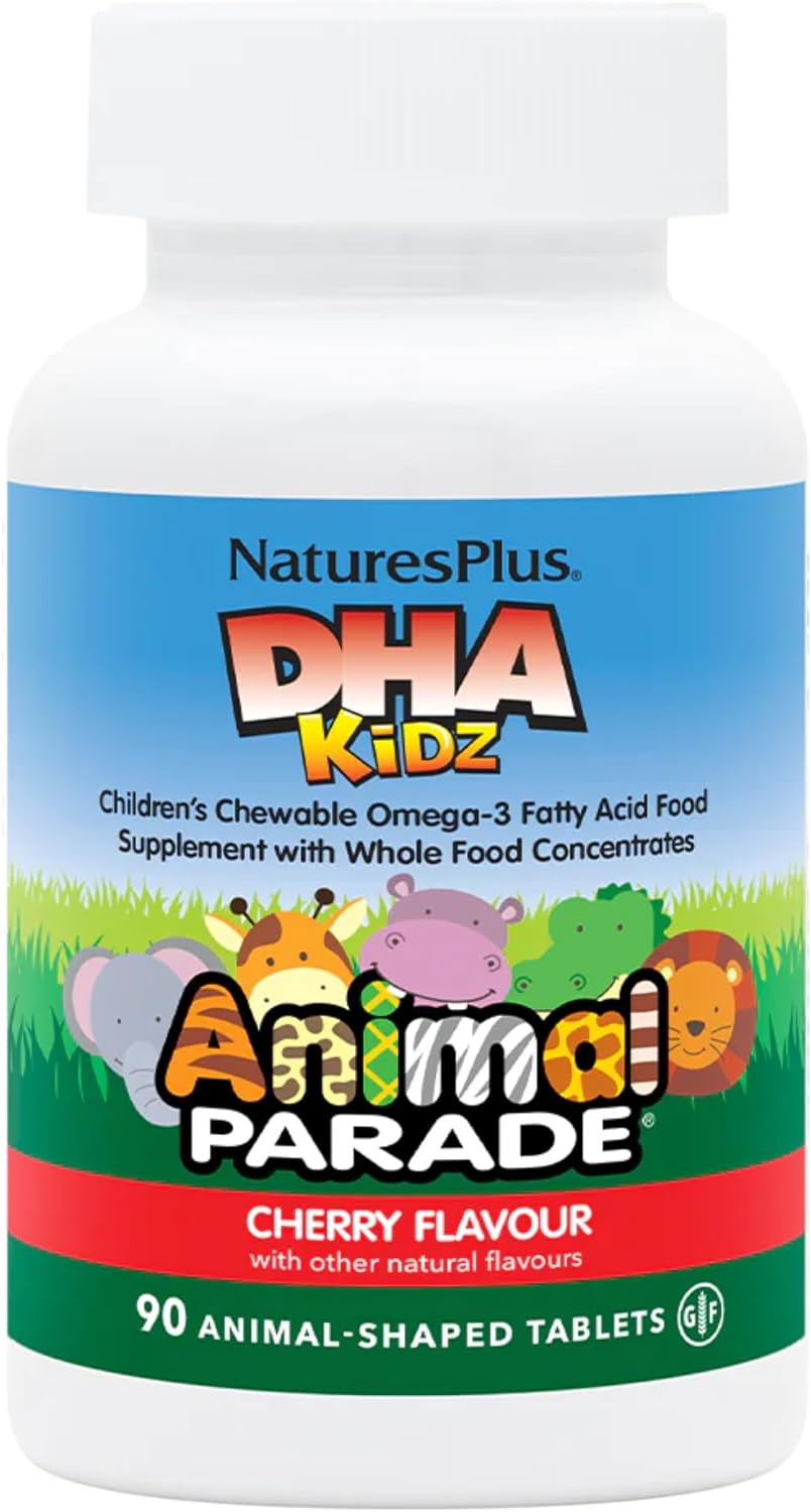 NaturesPlus Animal Parade DHA Children's Chewables - Natural Cherry Flavor - 90 Chewable Animal-Shaped Tablets - Omega 3 Fatty Acid Supplement - Gluten Free - 30 Servings