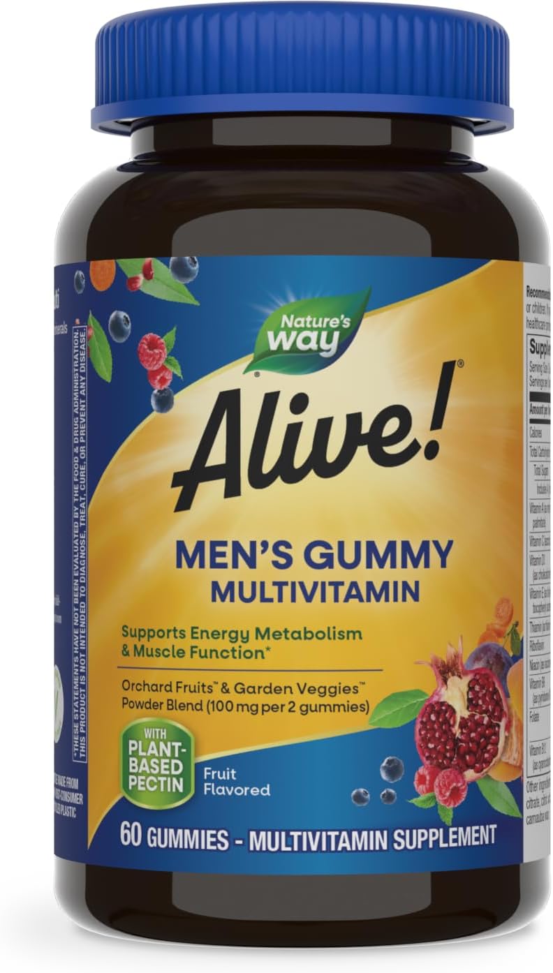 Nature'S Way Alive! Men'S Daily Gummy Multivitamin, Supports Energy Metabolism*, Muscle Function*, B-Vitamins, B-Vitamins, Gluten-Free, Vegetarian, Fruit Flavored, 60 Gummies (Packaging May Vary)