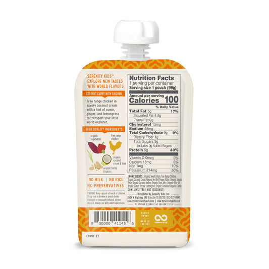 Serenity Kids 6+ Months World Explorers Baby Food Pouches Puree Made With Ethically Sourced Meats & Organic Veggies | 3.5 Ounce Bpa-Free Pouch | Chicken Coconut Curry | 12 Count