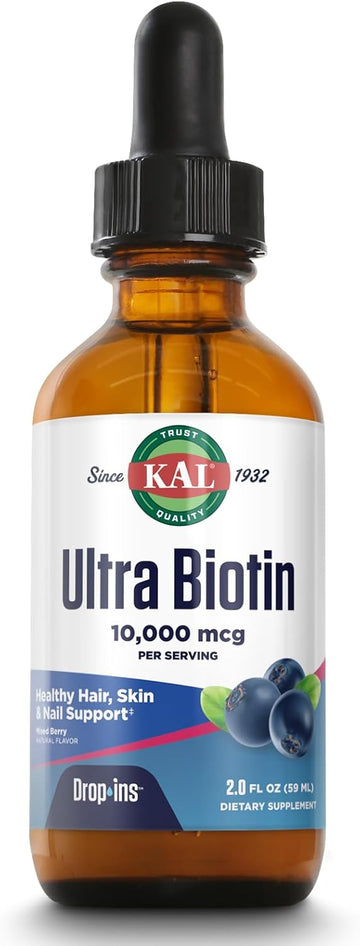 Kal Ultra Biotin 10000Mcg Dropins, Liquid Biotin Drops, Hair Growth Supplement, High Potency Vitamin B7, Healthy Hair, Skin, Nails And Energy Support, Natural Mixed Berry Flavor, Approx. 59 Serv, 2Oz