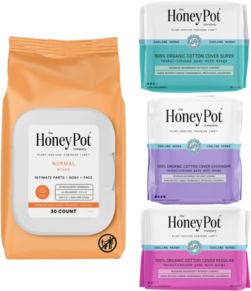 The Honey Pot Company - Feminine Wipes & Herbal Pads For Women - Menstrual Ritual Bundle - Wipes For Intimate Parts, Body, Or Face - Pads Infused W/Essential Oils For Cooling Effect - Fsa & Hsa