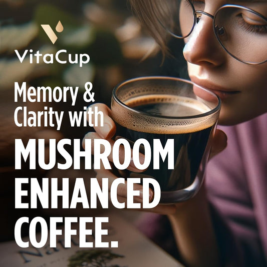 Vitacup Focus Mushroom Coffee Grounds, With Lions Mane, Chaga, B Vitamins, D3, Boost Focus, Immunity, Memory & Clarity, Medium Dark Roast, Bold & Smooth 100% Arabica Specialty, 10 Oz