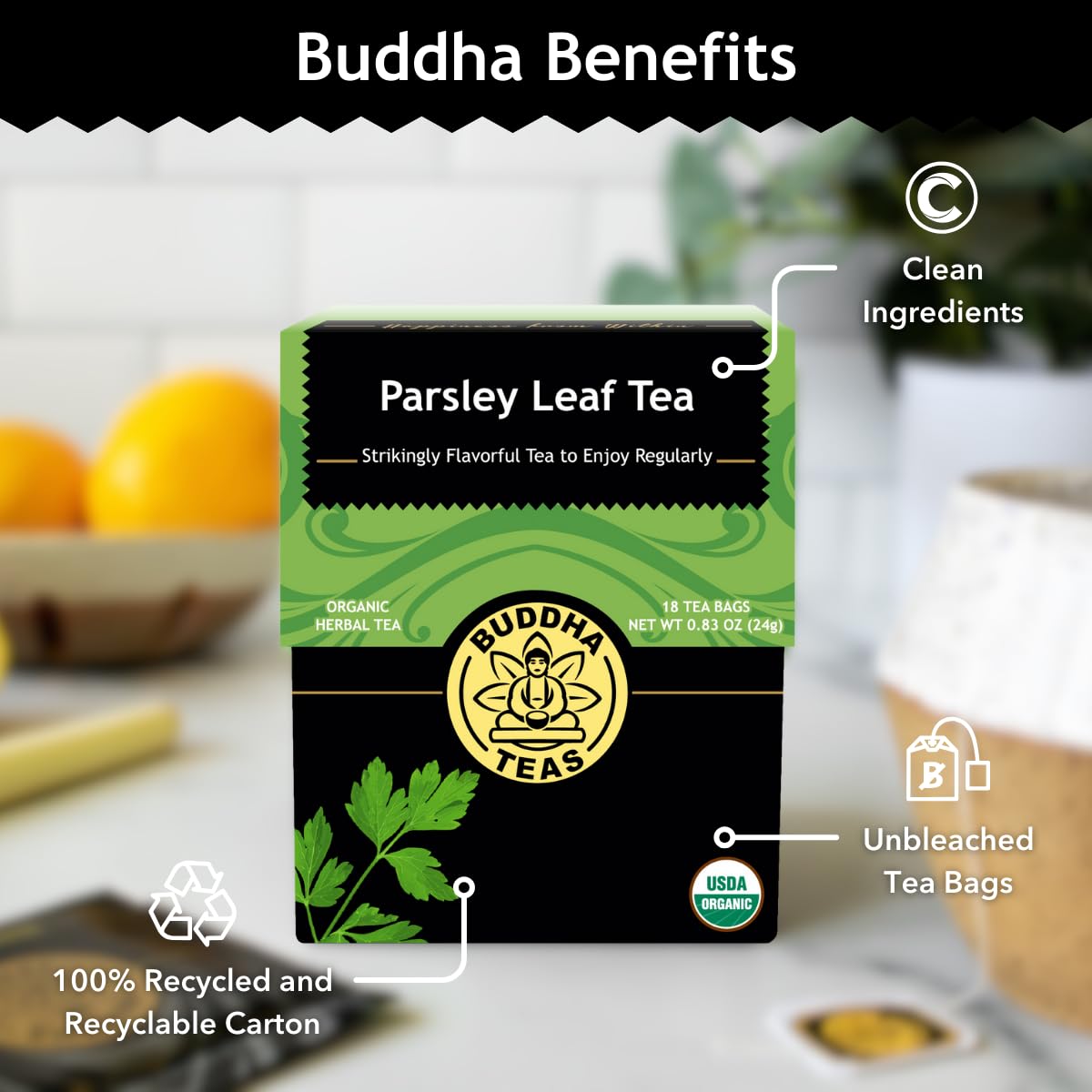 Buddha Teas - Organic Parsley Leaf Tea - Herbal Tea - For Health & Wellbeing - With Antioxidants & Minerals - Clean Ingredients - Caffeine Free - Ou Kosher & Non-Gmo - 18 Tea Bags (Pack Of 1)