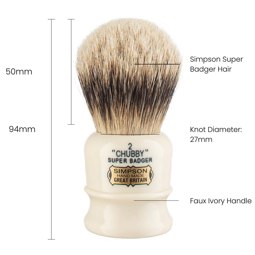Simpsons Chubby 2 Super Shaving Brush - Ch2 High Density Knot, Hand-Turned Ivory Handle Simpson Shaving Brushes - Wet Shave Deluxe Thick & Luxurious Lather Handle Dense & Extra Soft Bristles