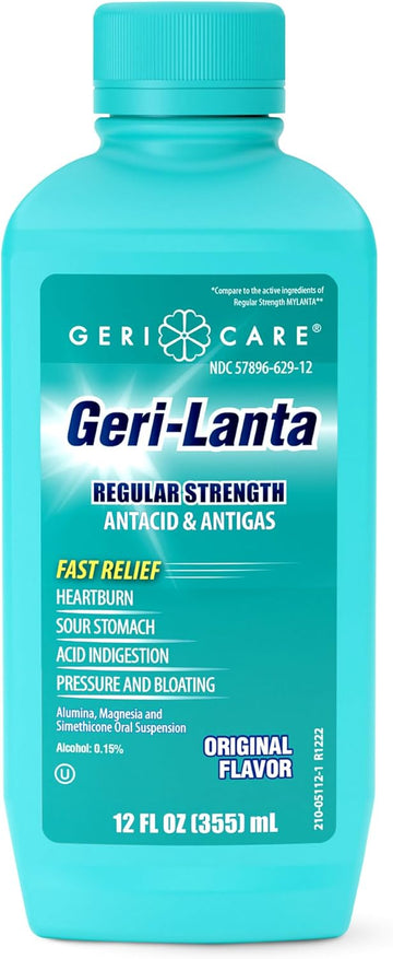Geri-Lanta Liquid Antacid & Antigas By Gericare| Regular Strength Acid Reducer For Heartburn, Sour Stomach, Acid Indigestion, Pressure & Bloating| Oral Gas Indigestion Relief| Original Flavor|12 Fl Oz