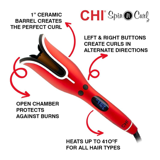 CHI Spin N Curl Ceramic Rotating Curler, Ruby Red. Ideal for Shoulder-Length Hair between 6-16” inches