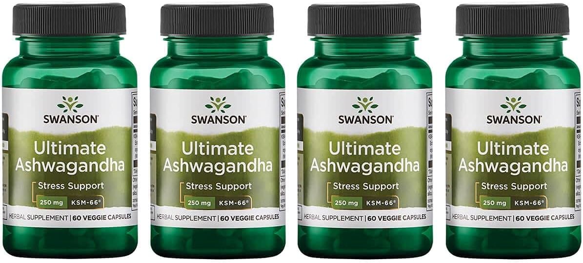 Swanson Ultimate Ashwagandha Ksm-66 - Herbal Supplement Supporting Healthy Stress Levels & Relaxation - Natural Formula To Promote A Calm & Relaxed Mindset - (60 Veggie Capsules, 250Mg Each) 4 Pack