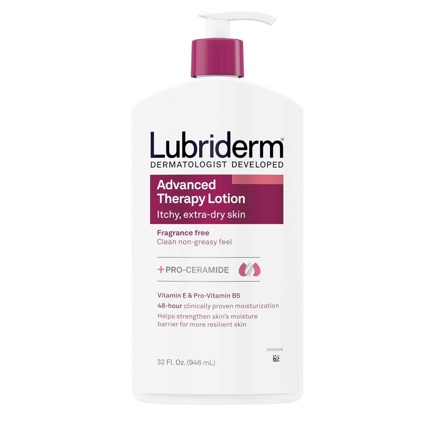 Lubriderm Advanced Therapy Moisturizing Hand And Body Lotion + Pro-Ceramide With Vitamin E And Pro-Vitamin B5, Non-Greasy, Fragrance-Free, Intense Hydration For Itchy, Extra Dry Skin, 32 Fl Oz