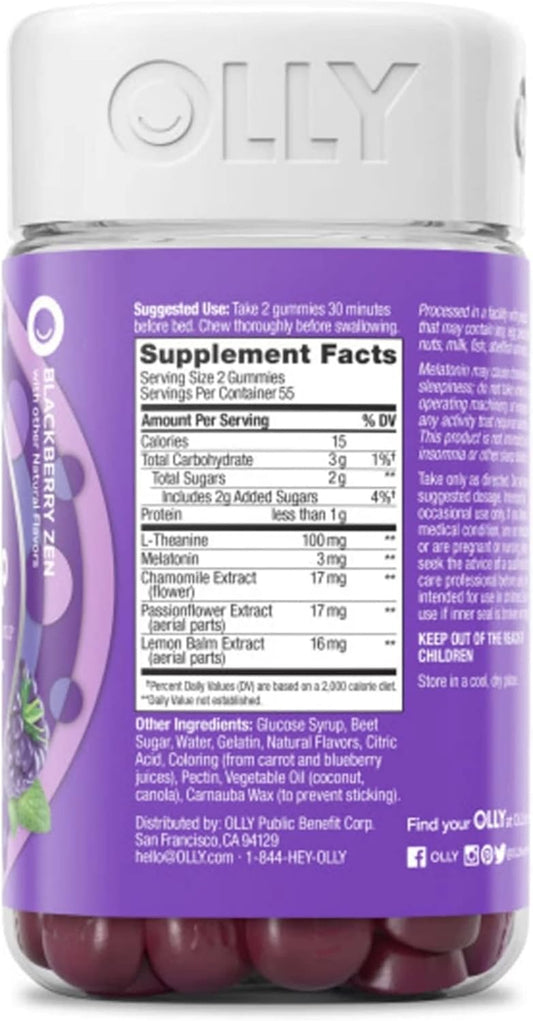 Olly Restful Sleep Gummy Supplement With Melatonin & L-Theanine Chamomile, Blackberry Zen, (55 Day Supply) Supports A Healthy Sleep Cycle* Packaging May Vary (110 Gummies)