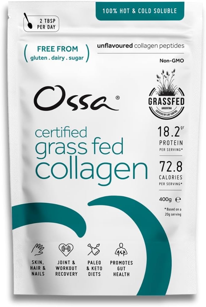 Ossa Certified Grass Fed Collagen Peptides Powder 400G – All Natural Protein & Collagen Supplement With Essential Amino Acids – Keto & Paleo Friendly – Supports Hair, Skin, Joints & Muscles