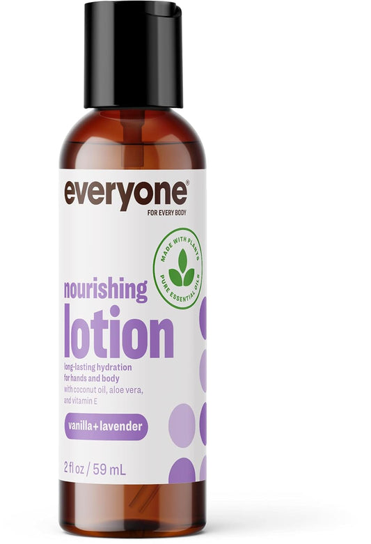 Everyone Nourishing Hand and Body Lotion, Travel Size, 2 Ounce (Pack of 12), Vanilla and Lavender, Plant-Based Lotion with Pure Essential Oils, Coconut Oil, Aloe Vera and Vitamin E