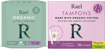 Rael Period Bundle - Extra Long Overnight Pads (12 Count) & Bpa Free Compact Applicator Tampons (Regular & Super, 36 Count)