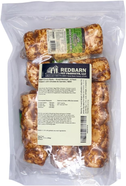 Redbarn All-Natural Small/Medium Beef Cheek Rolls for Dogs, Chicken & Carrot Glazed - Single Ingredient Grain-Free Chew Treat Naturally Rich in Collagen - 5 Pack - Packaging May Vary : Pet Supplies