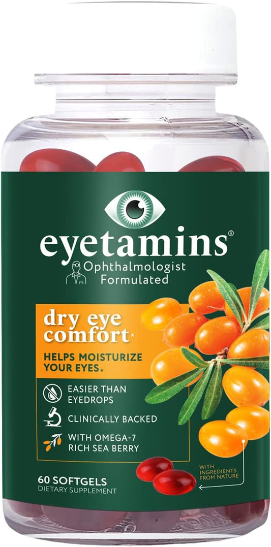 eyetamins Dry Eye Comfort - 60 Softgels - Ophthalmologist - Formulated, Natural - Himalayan Sea Buckthorn Oil - Vegan and Non-GMO Formula