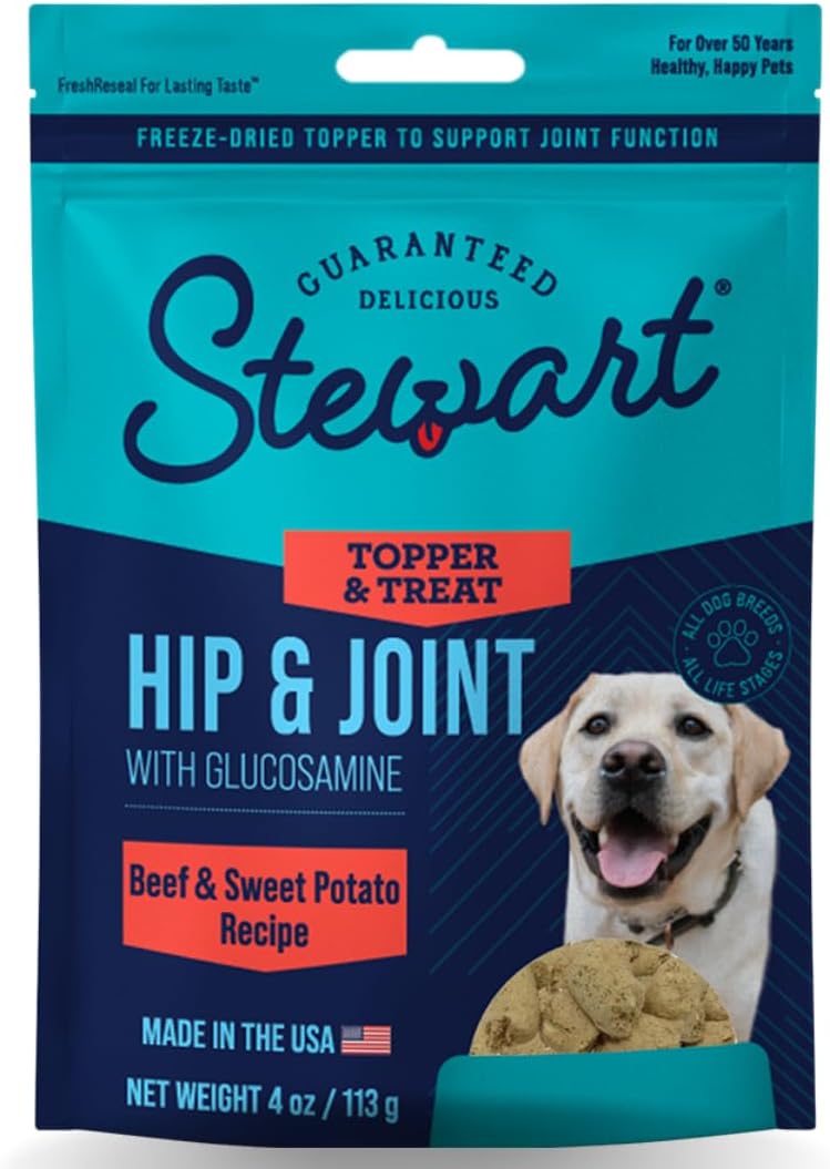 Stewart Freeze Dried Dog Food Topper, Hip And Joint, Beef And Sweet Potato Recipe, 4 Ounce Pouch, Glucosamine For Healthy Joints