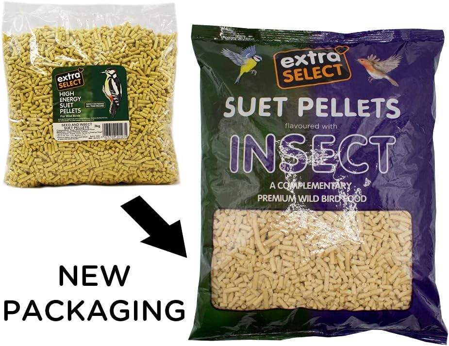 Extra Select Insect High Energy Suet Pellets Wild Bird Food - Protein, Fat Rich Year-Round Feeding - 3 kg Refill :Garden