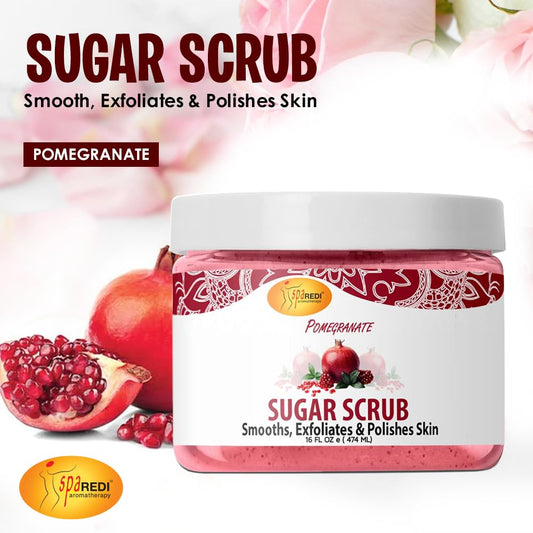 Spa Redi – Sugar Body Scrub, Pomegranate, 16 Oz, Exfoliating, Moisturizing, Hydrating And Nourishing, Glow, Polish, Smooth And Fresh Skin - Body Exfoliator