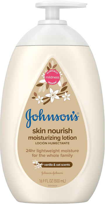 Johnson'S Skin Nourish Moisturizing Baby Lotion For Dry Skin With Vanilla & Oat Scents, Gentle & Lightweight Body Lotion For The Whole Family, Hypoallergenic, Dye-Free, 16.9 Fl. Oz
