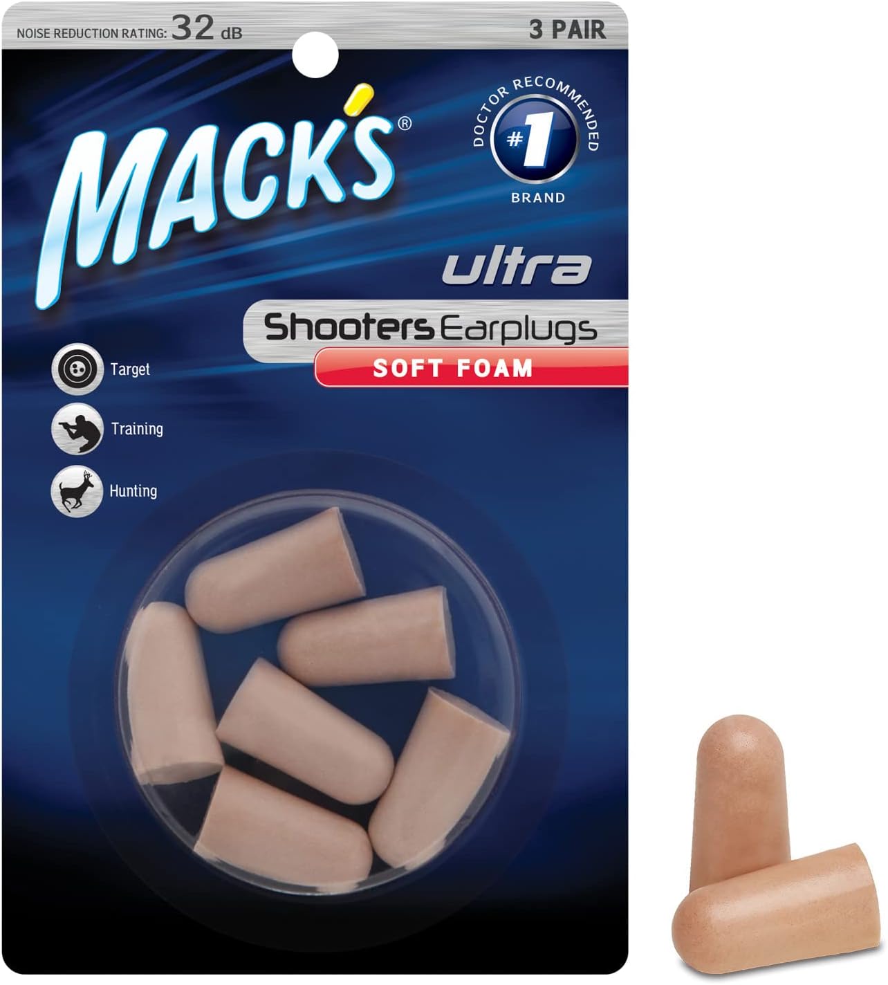 Mack's Ultra Soft Foam Shooting Earplugs, 3 Pair - 32 dB High NRR, Comfortable Ear Plugs for Hunting, Tactical, Target, Skeet and Trap Shooting