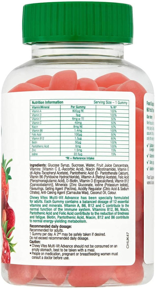 Chewy Vites Adult Multivitamin Advance, 60 Multivitamin Gummies, 12 Essential Nutrients, 2 Months Supply, Real Fruit Juice, Vegan, Berries Flavour