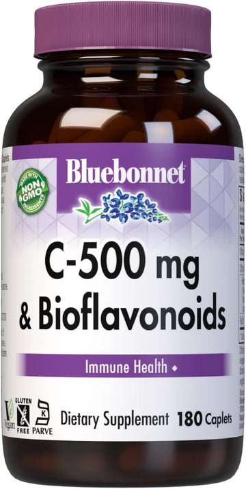 Bluebonnet Nutrition C-500 Mg Plus Bioflavonoids Caplets, Vitamin C 500 Mg, Citrus Bioflavonoids 250 Mg, For Immune Health, Soy Free, Gluten Free, Non-Gmo, Kosher, Dairy Free, Vegan, 180 Caplets
