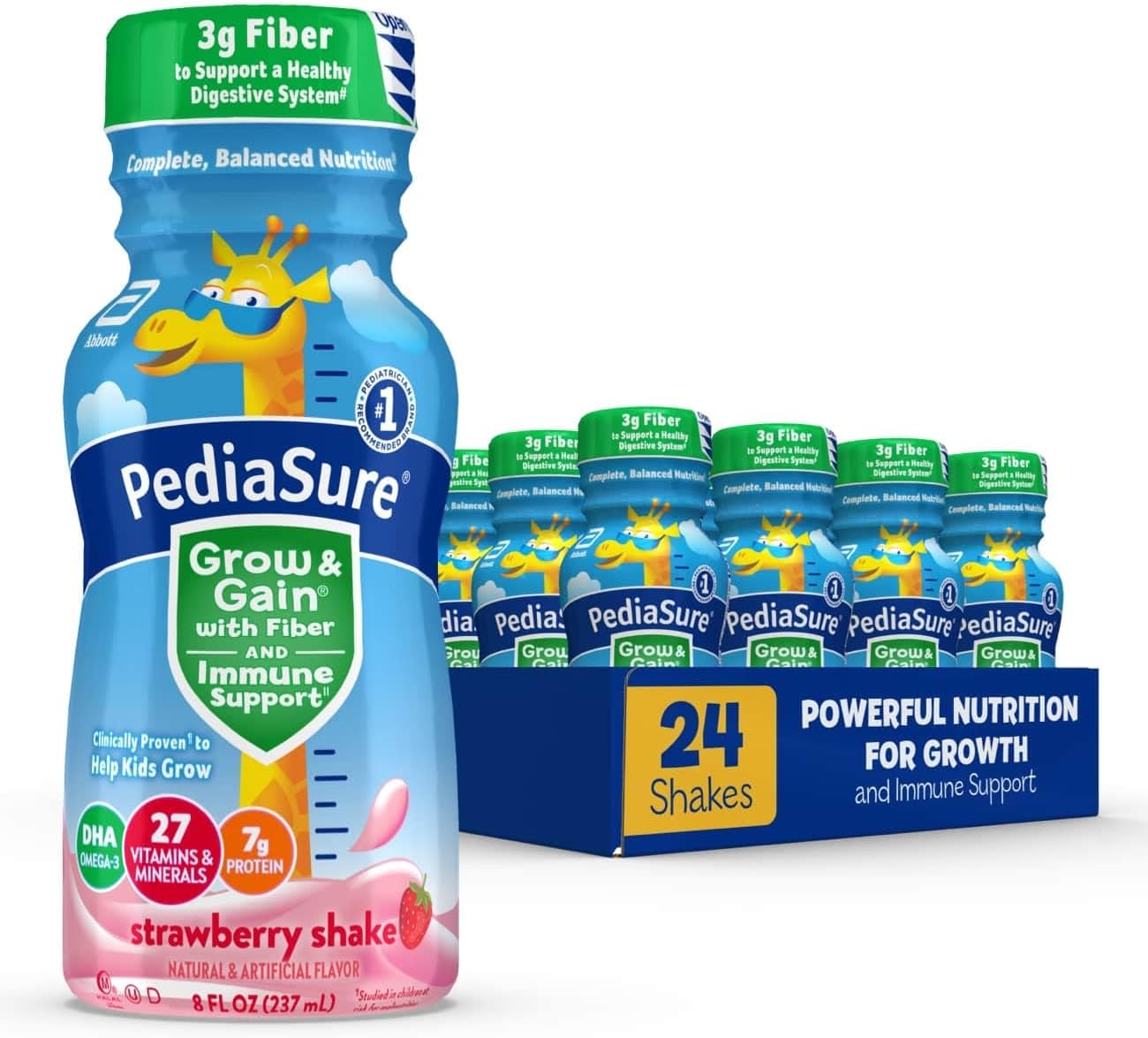 Pediasure Grow & Gain With 3G Fiber For Digestive Health, Provides Immune Support, Kids Protein Shake, 27 Vitamins And Minerals, 7G Protein, Dha Omega-3, Non-Gmo, Strawberry 8-Fl-Oz Bottle, 24 Count