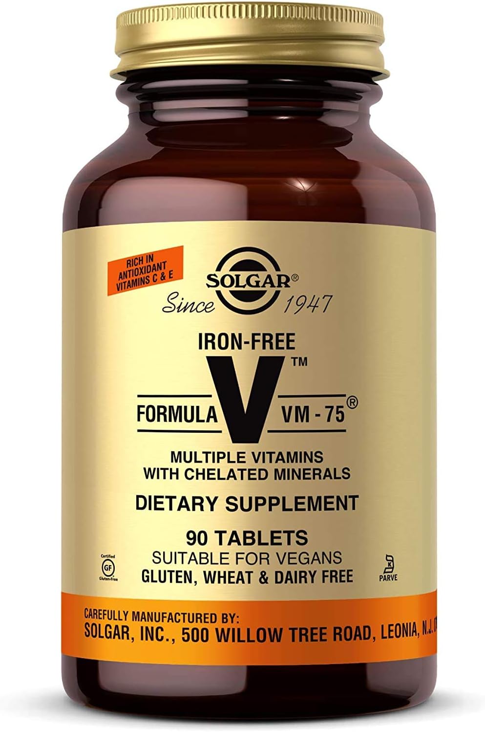 Solgar Iron-Free Formula Vm-75, 90 Tablets - Multivitamin With Chelated Minerals - Vitamin A, B6, B12, C, D, E - Biotin, Magnesium, Calcium, Zinc - Vegan, Gluten & Dairy Free, Kosher - 90 Servings