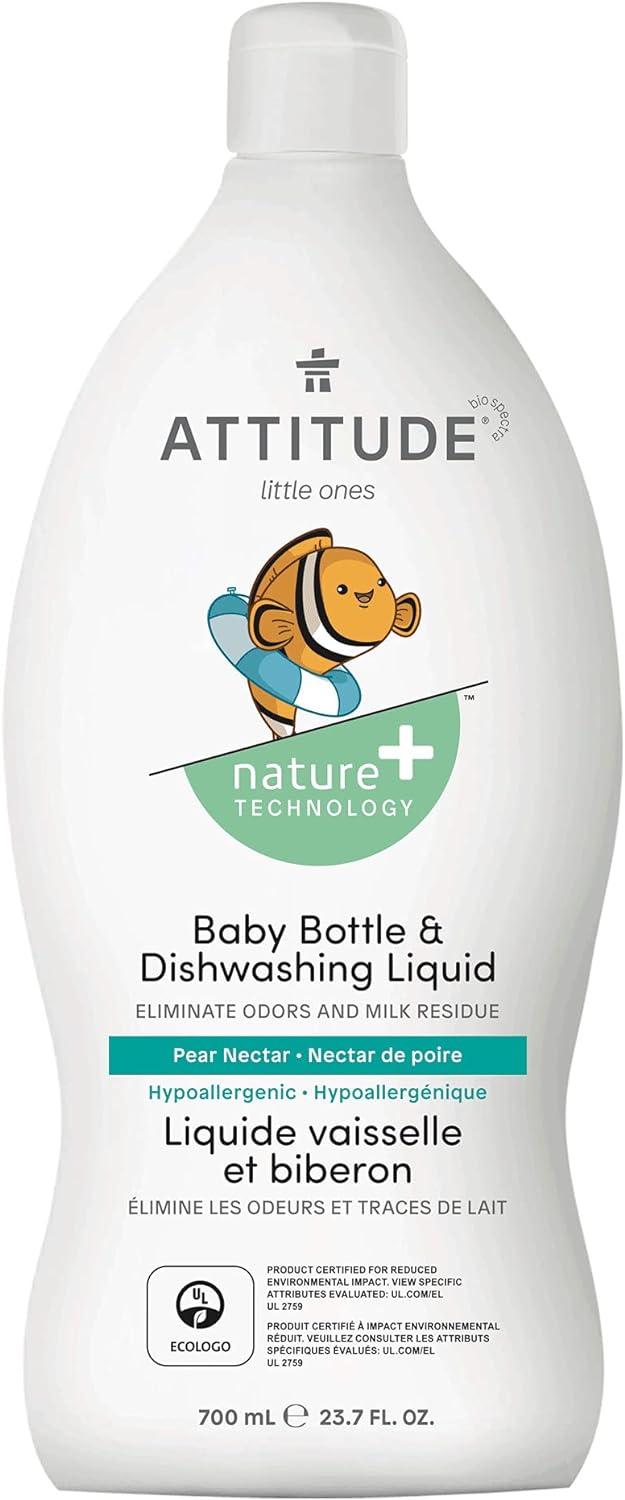 ATTITUDE Baby Dish Soap and Bottle Cleaner, EWG Verified Dishwashing Liquid, No Added Dyes or Fragrances, Tough on Milk Residue and Grease, Vegan, Pear Nectar, 23.7 Fl Oz