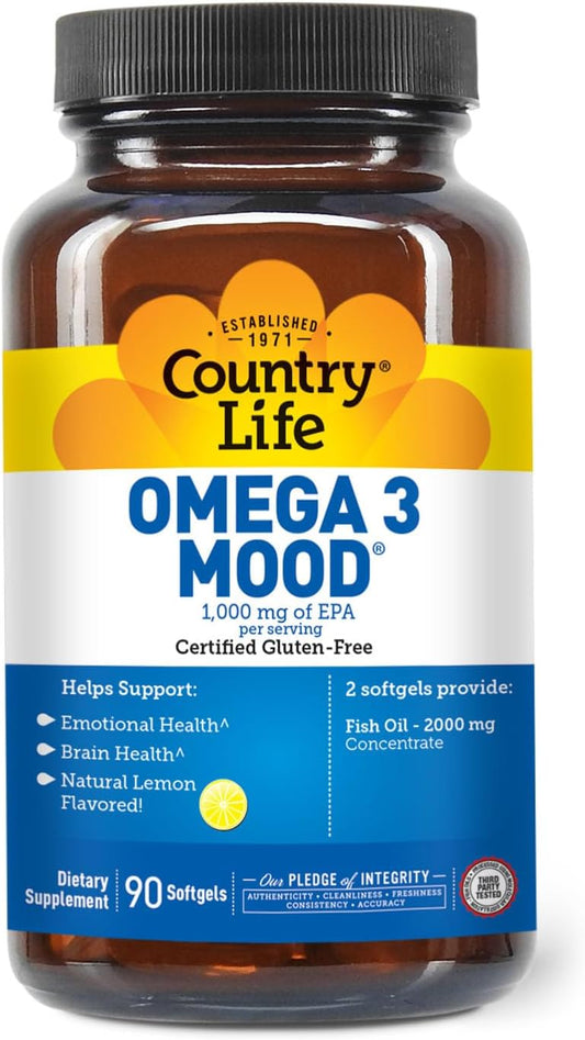 Country Life Omega 3 Mood, 2000Mg Fish Oil With Epa & Dha, 90 Softgels, Certified Gluten Free