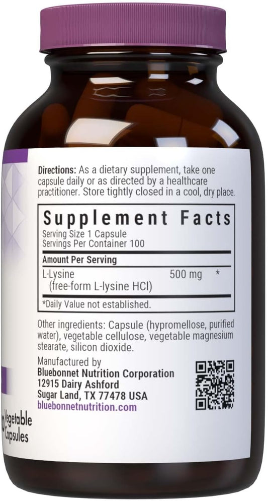 Bluebonnet Nutrition L-Lysine 500mg, for Healthy Immune Function, Supports Collagen Synthesis, Soy-Free, Gluten-Free, Non-GMO, Kosher Certified, Vegan, 100 Capsules