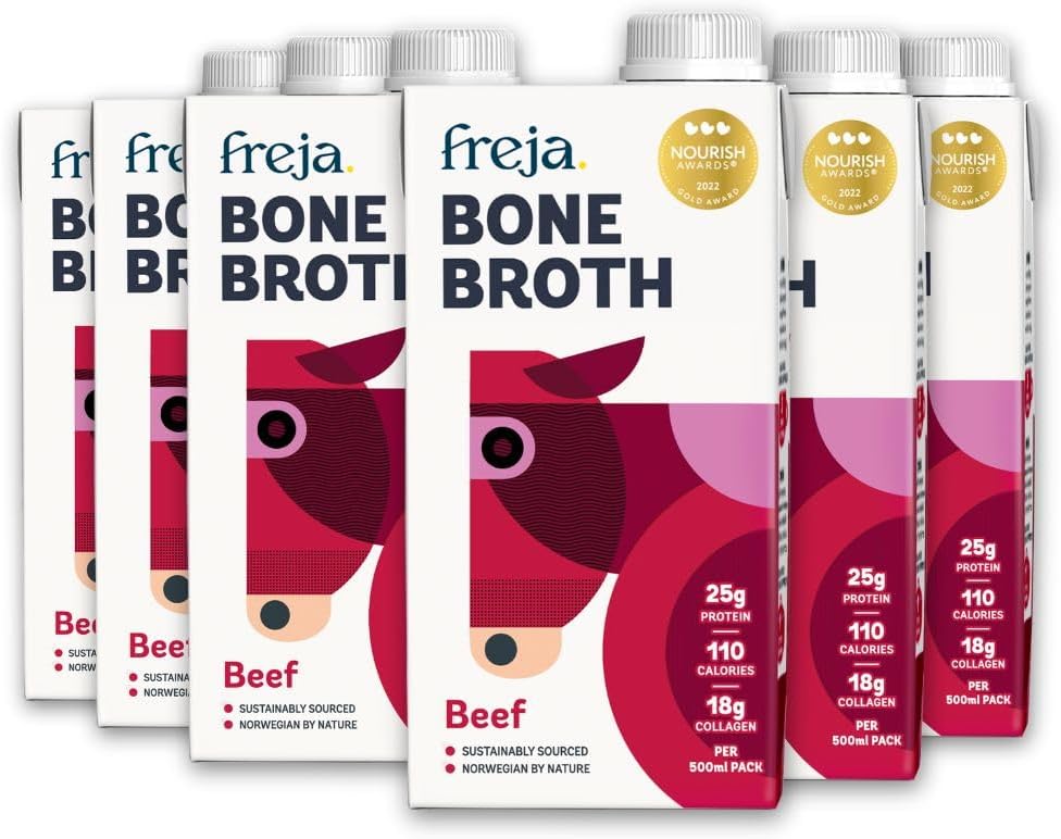 Freja Beef Bone Broth | Grass-Fed | Collagen, Protein & Amino Acids | Low Carb, Keto & Gluten Free | Clear Liquid Broth, Not Beef Stock Cubes, Powder Or Concentrate | 12 X 500Ml