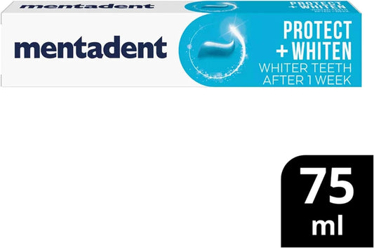 Mentadent Protect + Whiten Toothpaste 75Ml, Family Protection, 10X Stronger Teeth | With Fluoride And Calcium | Whiter Teeth After 1 Week | Click ' ' To Make Your Bulk Buy!