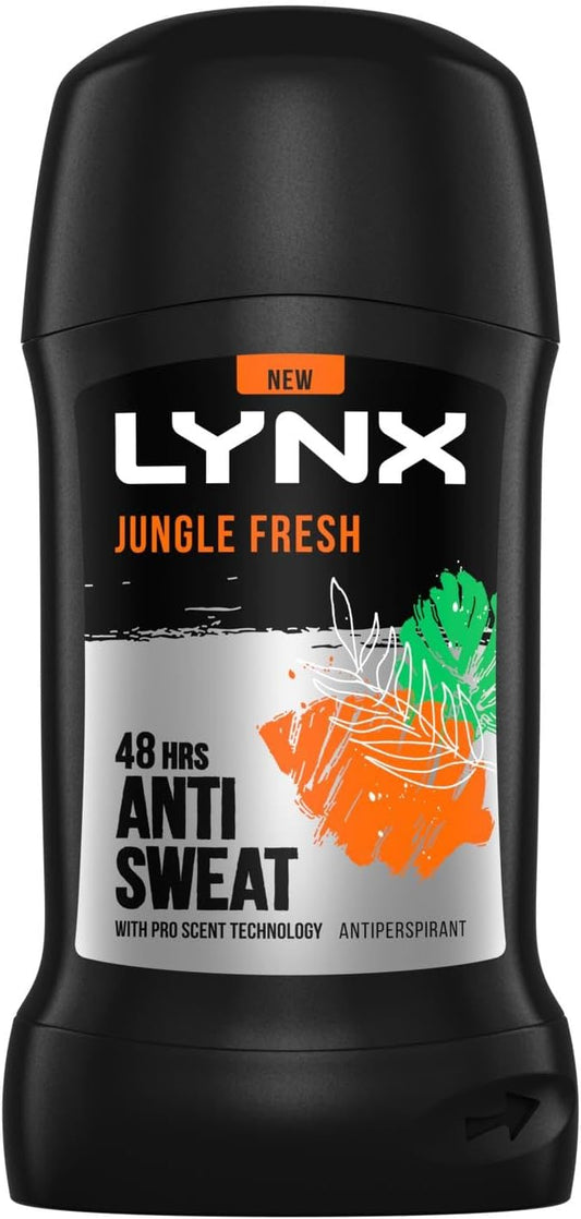 Lynx Jungle Fresh Deodorant Stick 48 Hours Anti Sweat Anti-Perspirant With Long Lasting Sweat And Odour Protection Travel Size Deodorant For Men For All Skin Types, 50Ml Pack Of 12