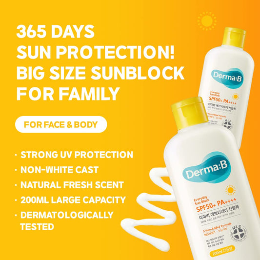 Derma B Everyday Sun Block Large Size Sunscreen Spf50+ Pa++++ 6.71 Fl Oz, 200Ml Fast-Absorbing Lightweight Spf Moisturizer, Facial Body Non-Sticky For Dewy Skin, Korean Protection Lotion