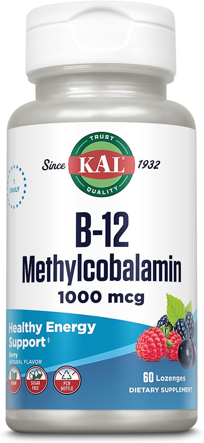 KAL Vitamin B-12 Methylcobalamin Lozenges 1000mcg, Healthy Energy, Metabolism, Nerve & Red Blood Cell Support,* Optimal Absorption, Natural Berry Flavor, Vegan, Sugar Free, 60 Servings, 60 Lozenges