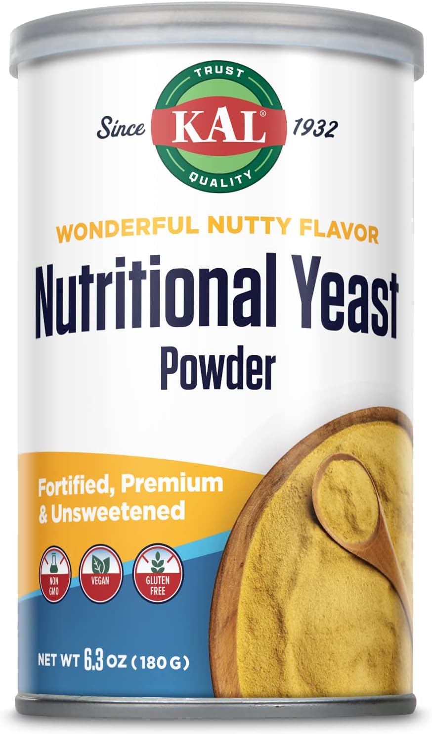 KAL Nutritional Yeast Powder, Fortified with B6, B12, Folic Acid and Other B Vitamins, Premium and Unsweetened, Great Nutty Flavor, Vegan, Gluten Free, Non-GMO, 20 Servings, 6.3oz