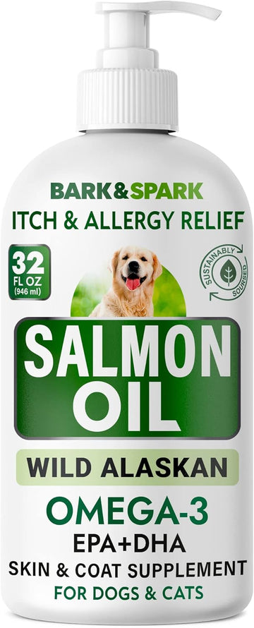 Bark&Spark Salmon Oil For Dogs & Cats - Natural Omega-3 Fish Oil For Dogs - Skin & Coat Support - Liquid Food Supplement For Pets - Epa+Dha Fatty Acids For Joint Function, Immune & Heart Health 32Oz