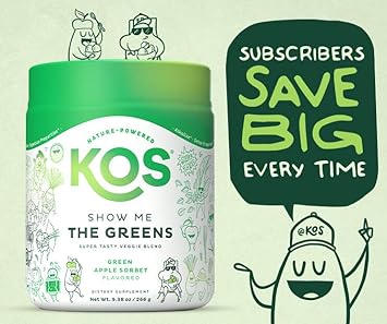 KOS Organic Super Greens Powder Erythritol Free - Plant Based Algae Superfood Blend with Spirulina, Chlorella & Wheatgrass - USDA, Vegan, Green Juice Smoothie Drink - Apple Sorbet Flavor - 28 Servings : Health & Household
