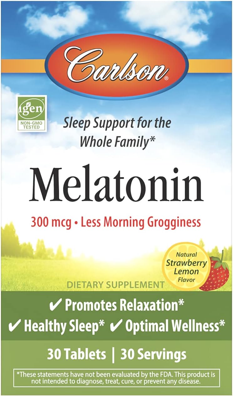 Carlson - Melatonin, 300 mcg, Healthy Sleep, Promotes Relaxation, Natural Strawberry-Lemon avor, 30 Chewable Tablets