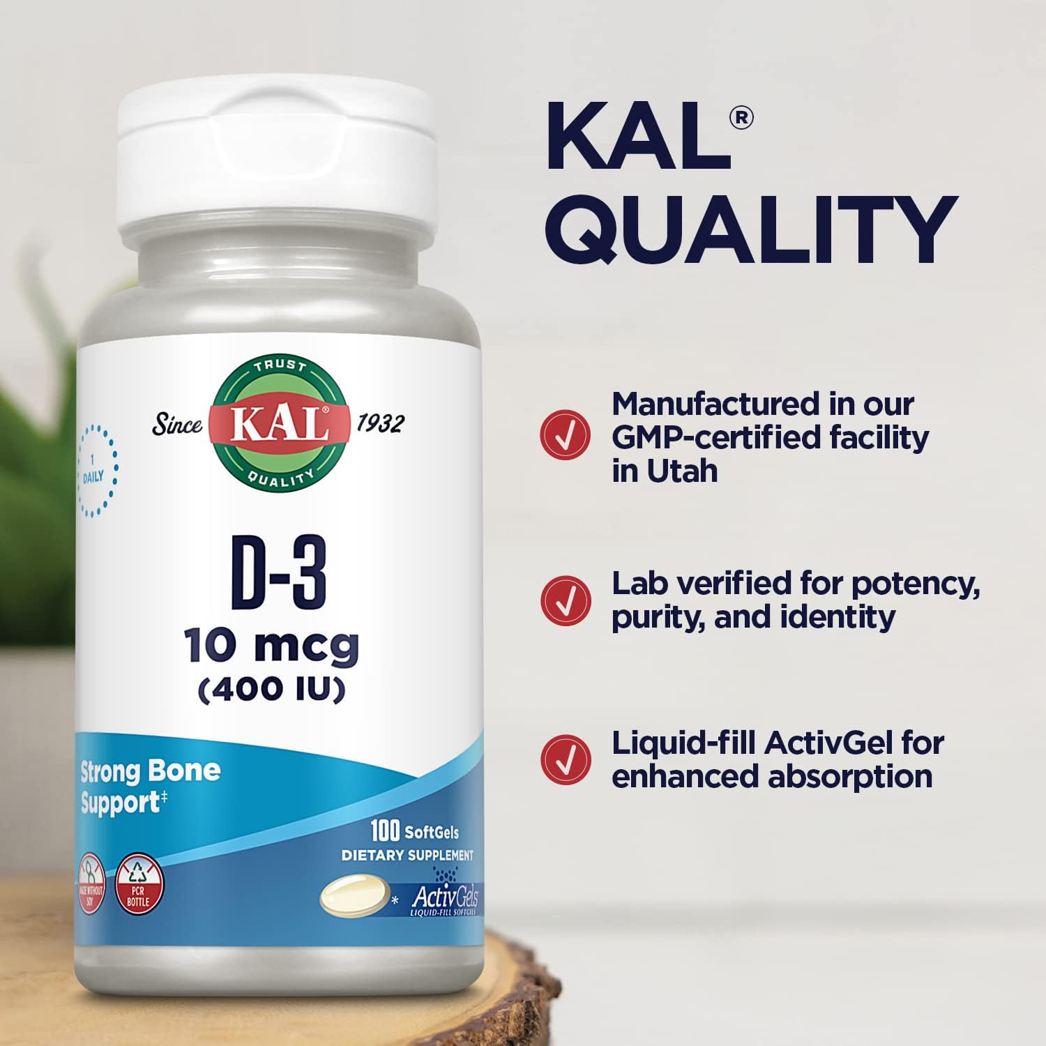 KAL Vitamin D3 400 IU Softgels (10 mcg), Active Form of Vitamin D, Calcium Absorption, Bone Health, Immune Support Supplement, Liquid Filled ActivGel, Made Without Soy, 100 Servings, 100 Softgels : Health & Household