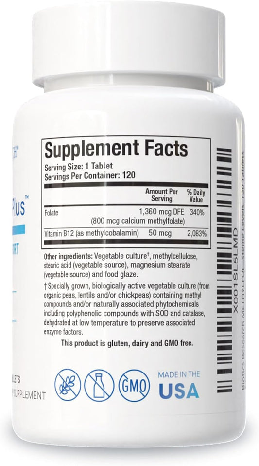 Biotics Research Methylfolate Plus™ Methylfolate, Bioactive Folate + B12, Supports Cardiovascular Health, Fetal Development, Nerve Health, Methylation Support, Homocysteine Levels. 120 Tablets