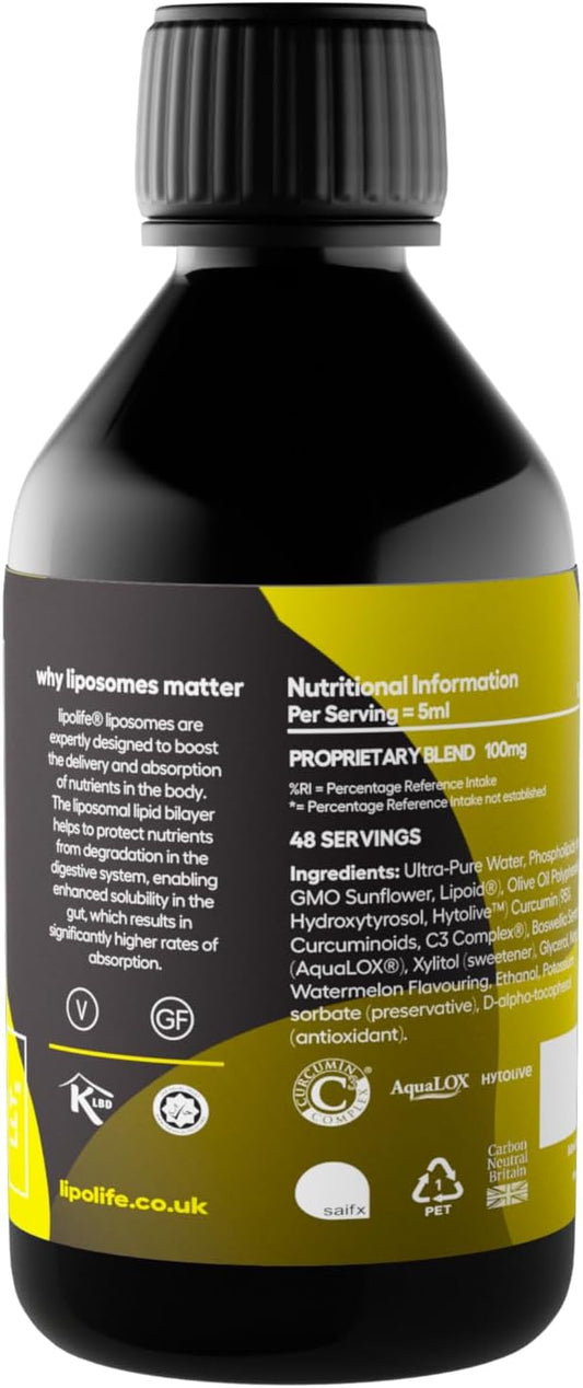 Liposomal Boswellia, Curcumin And Hydroxytyrosol 240Ml - Lipolife Llt2. Formulated With Aqualox, C3 Complex And Hytoliv. Advanced Nutrient Delivery For Athletes. Higher Absorption