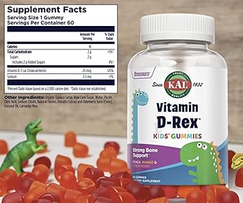 KAL Vitamin D-Rex - Vitamin D Gummies for Kids - Kids Vitamin D3 - Peach, Mango, and Strawberry avors - Immune, Heart, Bone & Oral Support - Vegetarian, Gluten Free - 60 Servings, 60 Gummies