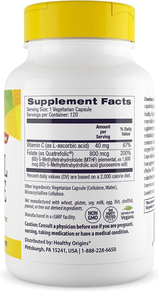 Healthy Origins Methyl Folate (Featuring Quatrefolic), 800 mcg - Replacement for Folic Acid - Bioavailable Folate Supplement - Vegan, Non-GMO, Gluten-Free Supplement - 120 Veggie Capsules