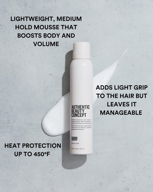 Authentic Beauty Concept Amplify Mousse | Volumizing Mousse | Lightweight Medium Hold Styling | Heat Protection | All Hair Types | Vegan & Cruelty-Free | Silicone-Free | 6.7 Oz