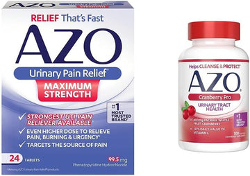 Azo Urinary Pain Relief Maximum Strength (24 Count) Fast Relief Of Uti Pain, Burning & Urgency + Cranberry Pro Softgels For Urinary Tract Health (100 Count)