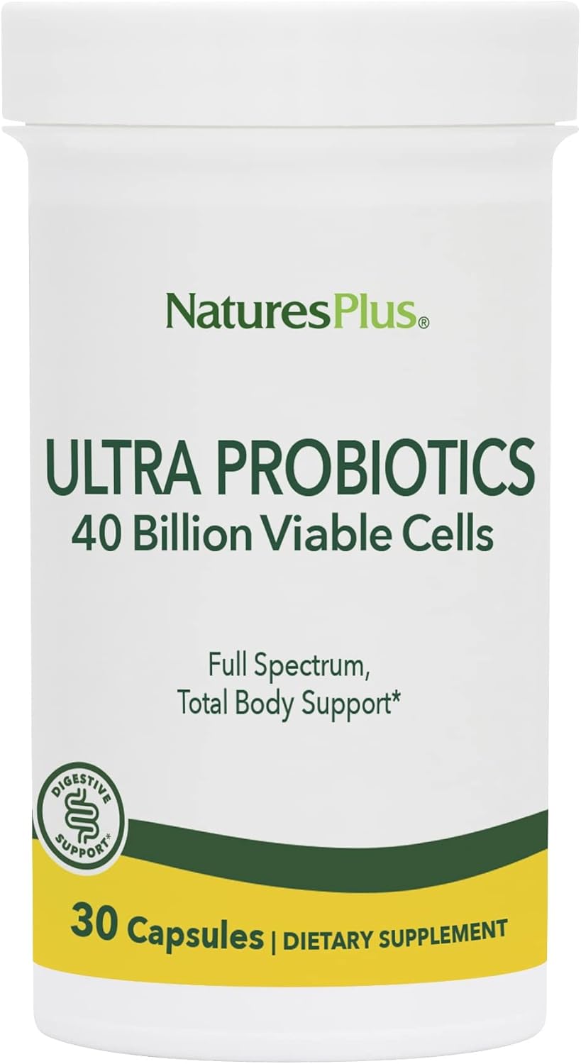 Natures Plus Ultra Probiotics - Maximum Strength Digestive Supplement - Total Body & Gut Health - Intestinal & Colonic Probiotics & Prebiotic Acai - 30 Vegetarian Capsules (30 Servings)