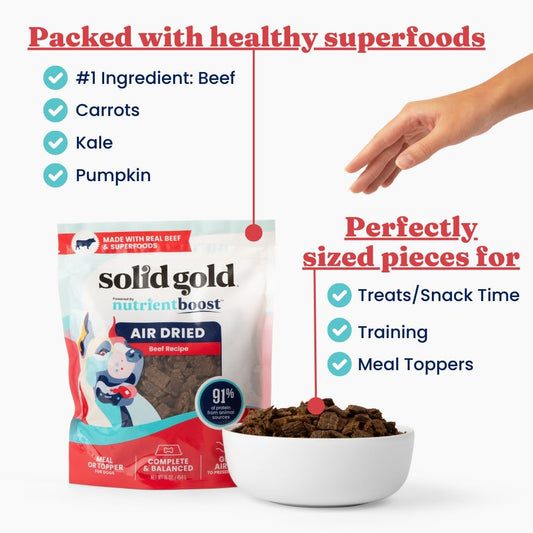 Solid Gold Air Dried Dog Food Toppers For Picky Eaters - Healthy Dog Treats Made With Real Beef To Serve As Meal Topper Or Dog Treat - Supports Muscle Growth, Immunity, And Healthy Digestion - 1 Lb